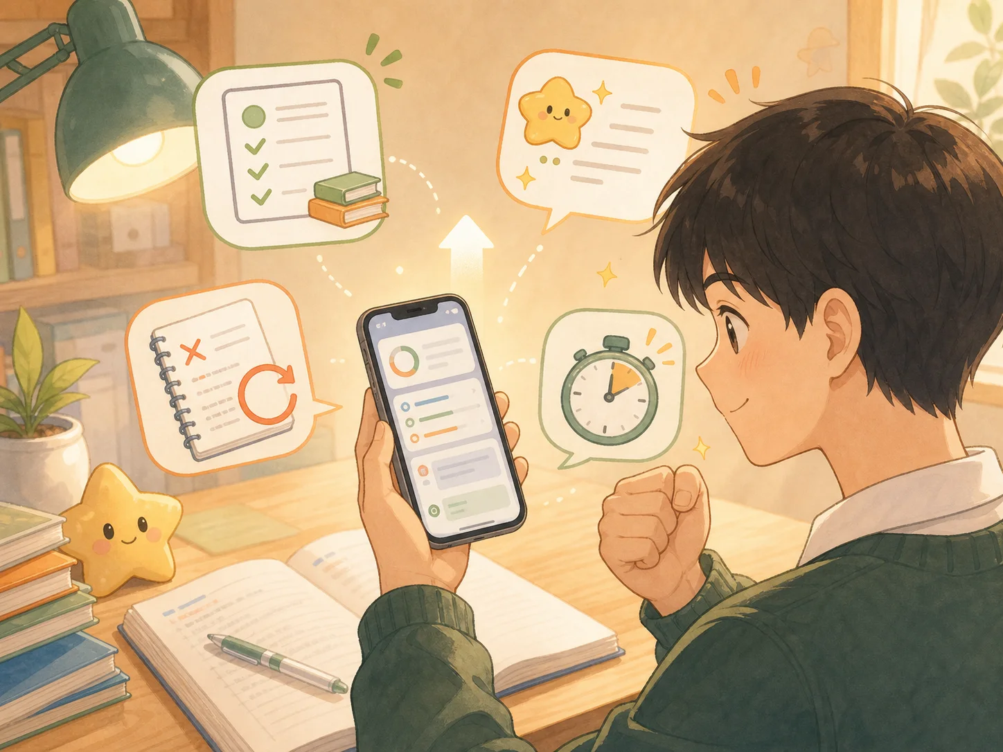 學生使用 DSE神器 App 做題、AI 回饋、錯題重溫和模擬試的日系插圖